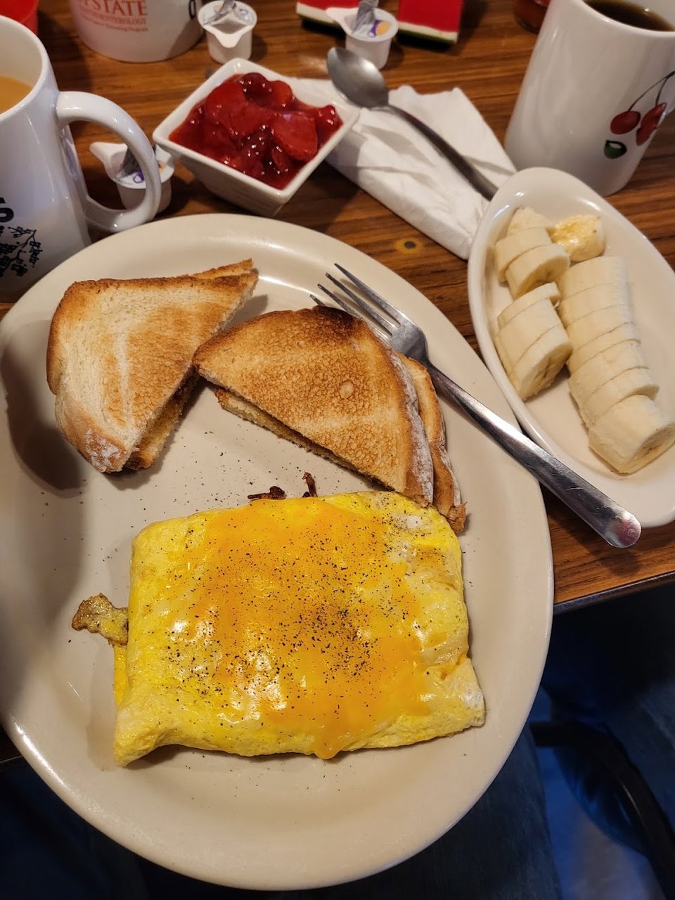 Cafe-style meal with coffee beside it